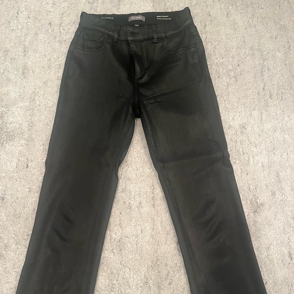 DL1961 Mare Mid Rise Insta sculpt Ankle Black Coated Denim Straight-Leg Jeans